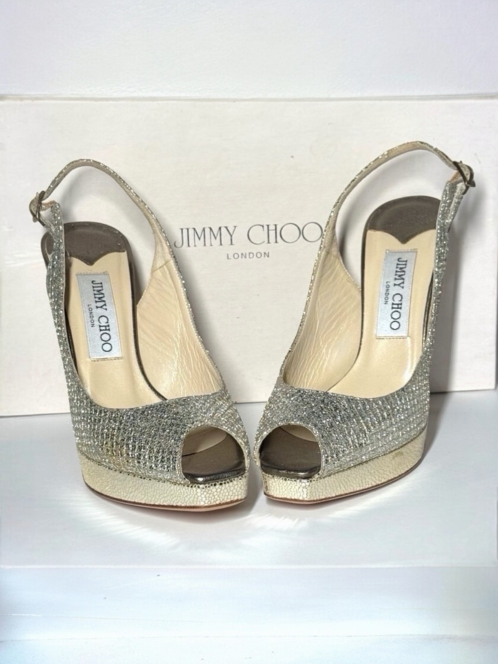 JIMMY CHOO CLUE GLITTER SLINGBACK PLATFORM PEEP TOE HIGH HEEL PUMPS SANDAL 37 - Picture 7 of 16